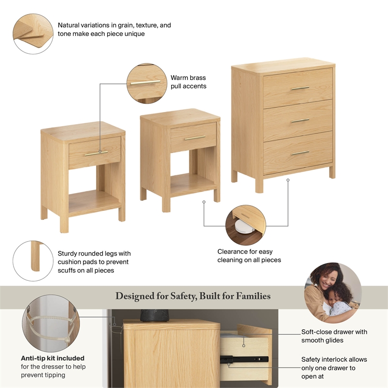 Bush Home Vera 3 Drawer Dresser & Set of 2 Nightstands w/ Drawer - Premium Wood