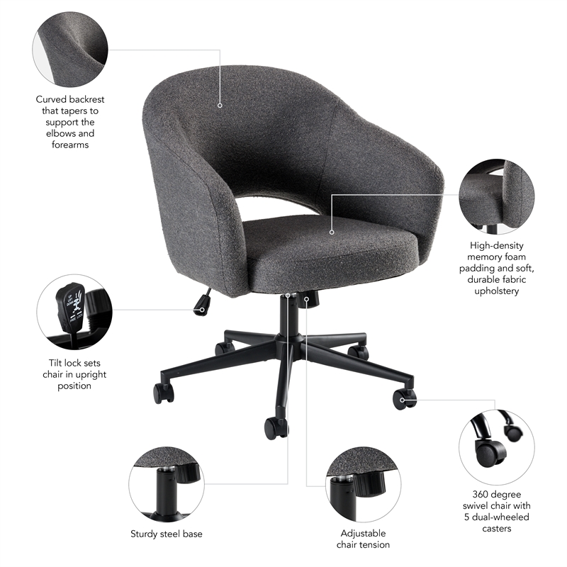 Fairfax Mid Century Modern Desk Chair for Home Office in Dark Charcoal Fabric