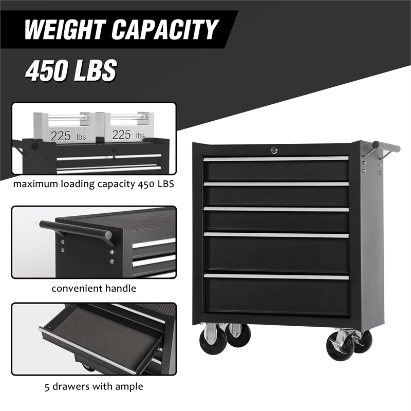 Auro Nest Home 5-Drawer Rolling Tool Chest w/Lock & Key in Black