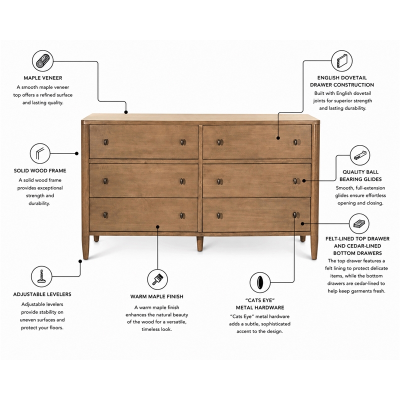Finn & Louise Chatham 6 Drawer Dresser in Warm Maple Finish - Wood
