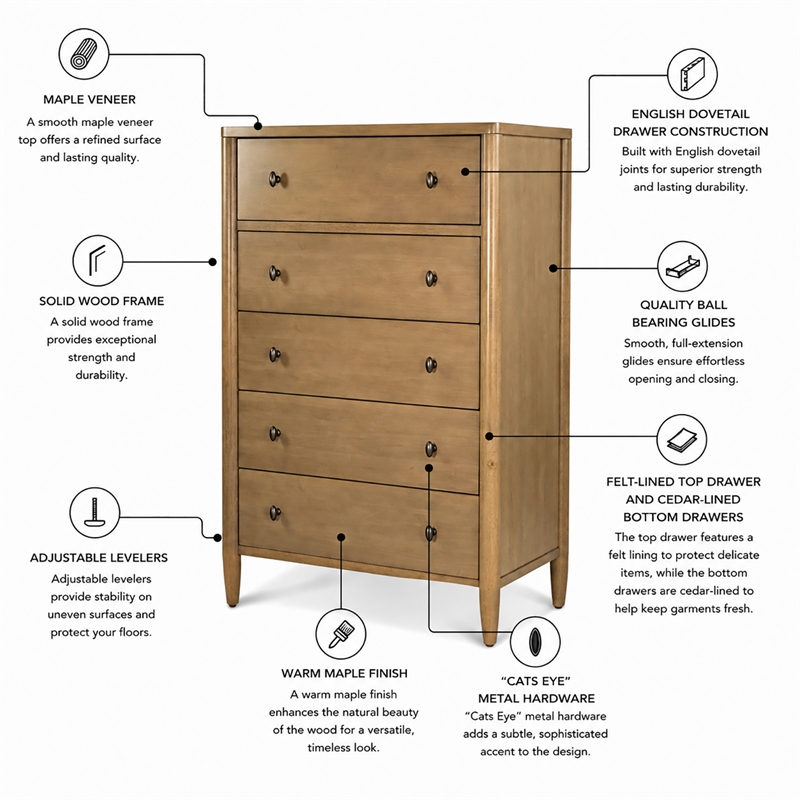 finn & louise chatham 5 drawer chest in warm maple - wood - modern