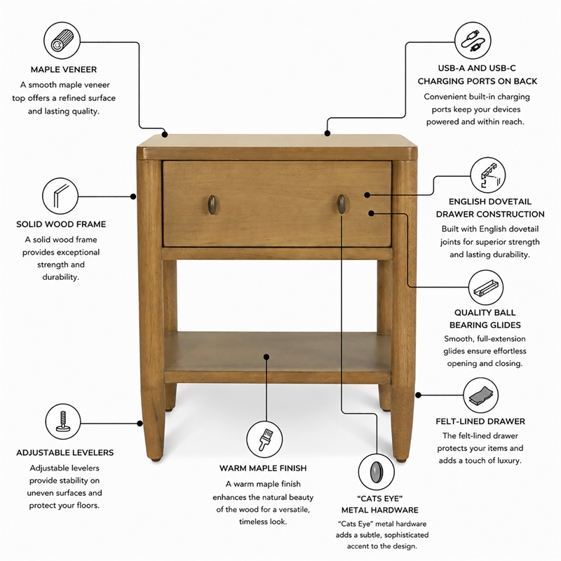 Finn & Louise Chatham 1 Drawer Nightstand in Warm Maple Finish - Wood
