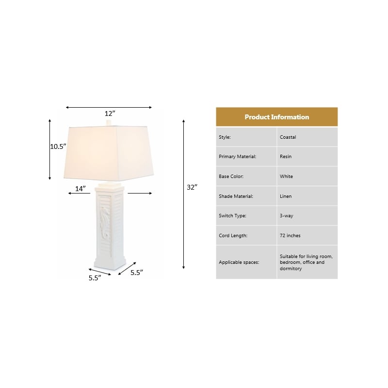 Sea Horse White Coastal Lamps USB Charging port (Set of 2) 3-Way Switch