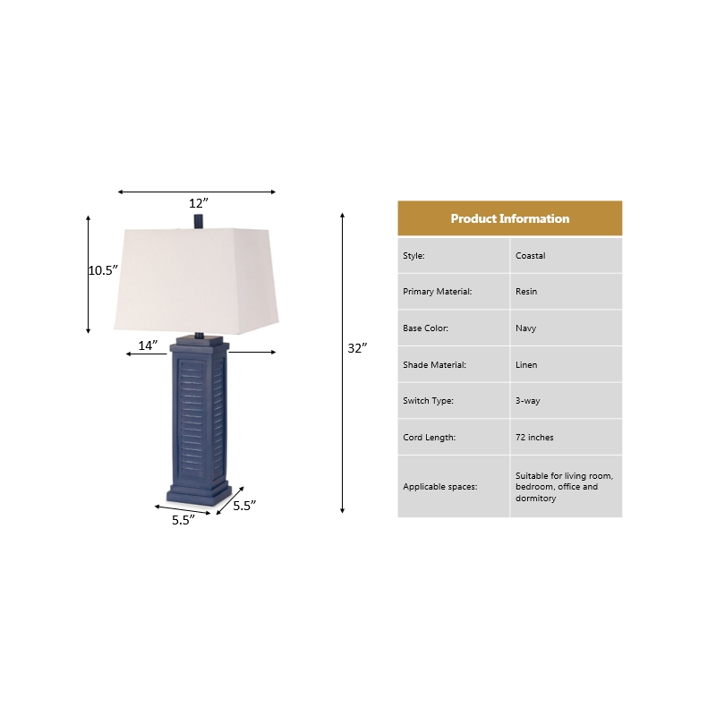 Lux Lighting Shutter Navy Blue Table Lamps USB port (Set of 2) 3-Way Switch
