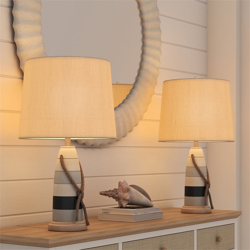 Lux Lighting Buoy Coastal Table Lamps White and Blue (Set of 2) 3-Way Switch