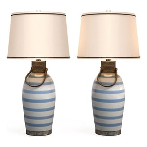 Lux Lighting 28&quot Harbor Table Lamp in Blue Striped w/ rope (Set of 2)