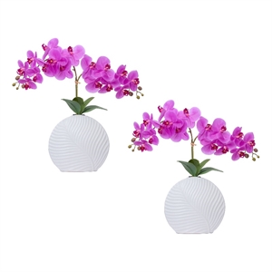 Vintage Home 19&quot Purple Orchid Arrangement in a Leaf White Ceramic Vase - 2 pack