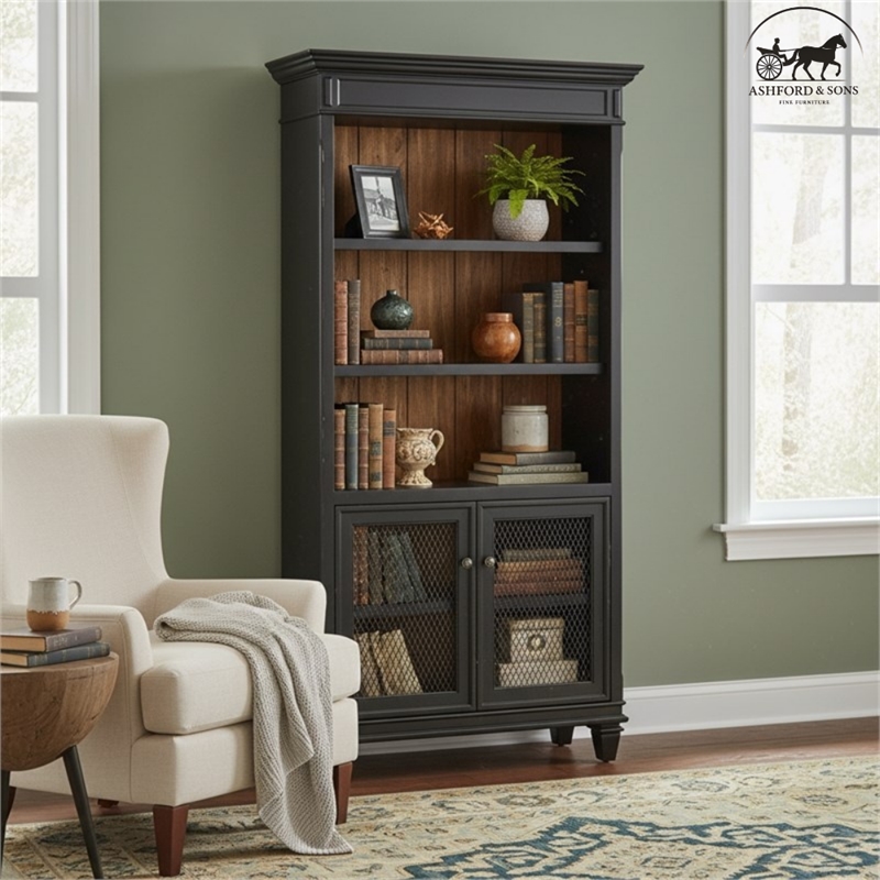 Ashford & Sons Wood Storage Cabinet Office Bookcase With Doors in Black