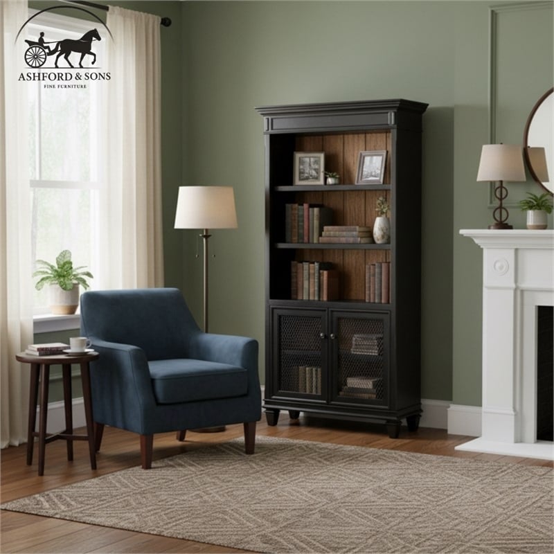 Ashford & Sons Wood Storage Cabinet Office Bookcase With Doors in Black