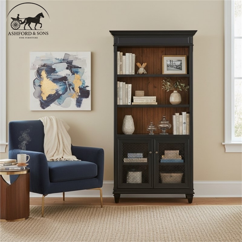 Ashford & Sons Wood Storage Cabinet Office Bookcase With Doors in Black