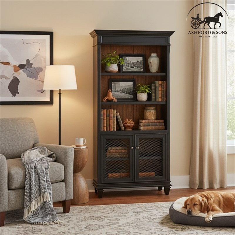 Ashford & Sons Wood Storage Cabinet Office Bookcase With Doors in Black