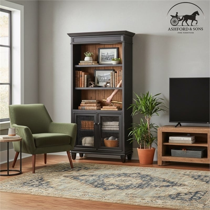 Ashford & Sons Wood Storage Cabinet Office Bookcase With Doors in Black