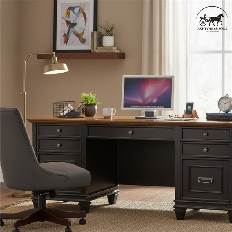 Ashford & Sons Wood Credenza Office Desk Writing Table in Black