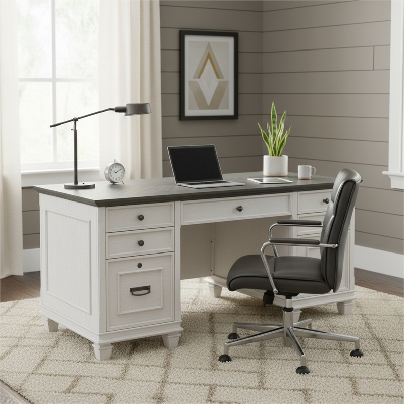 Ashford & Sons Double Pedestal Letter/Legal File Drawers Executive Desk in White