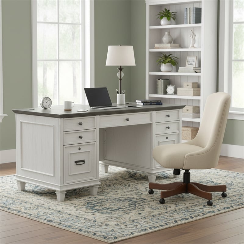 Ashford & Sons Double Pedestal Letter/Legal File Drawers Executive Desk in White
