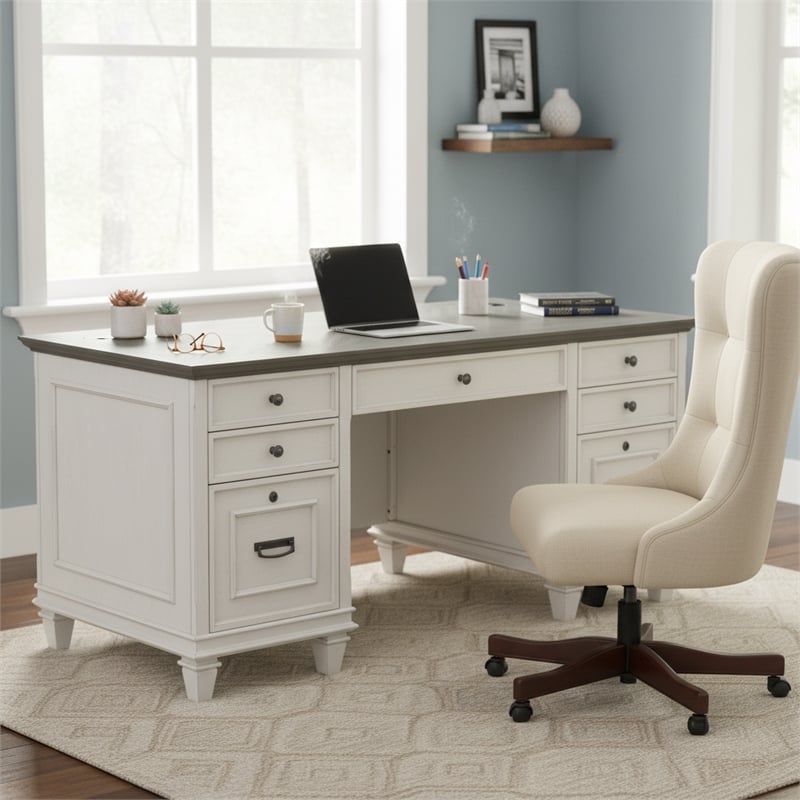 Ashford & Sons Double Pedestal Letter/Legal File Drawers Executive Desk in White