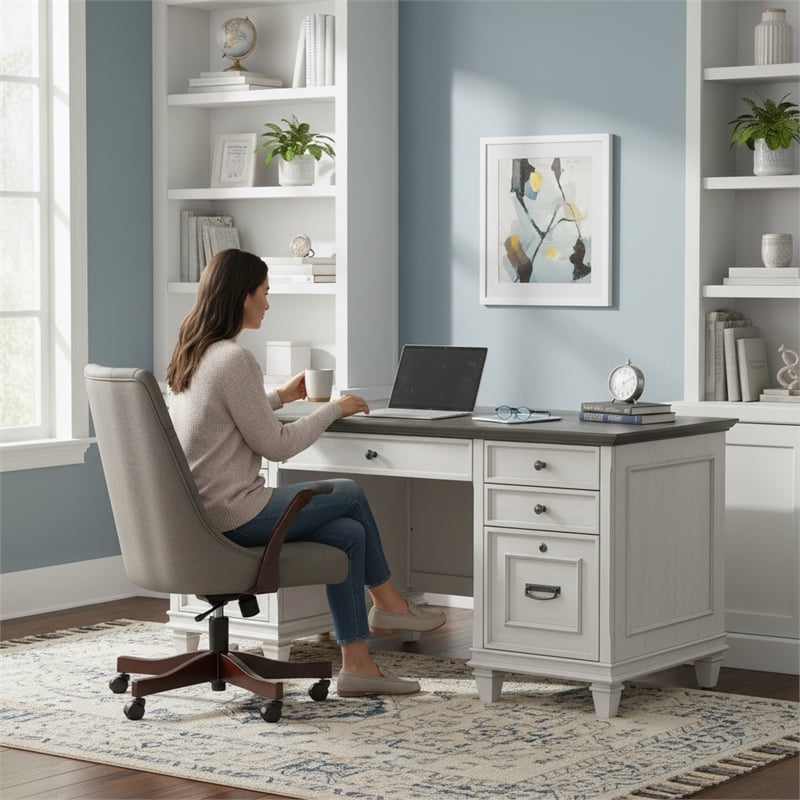 Ashford & Sons Double Pedestal Letter/Legal File Drawers Executive Desk in White