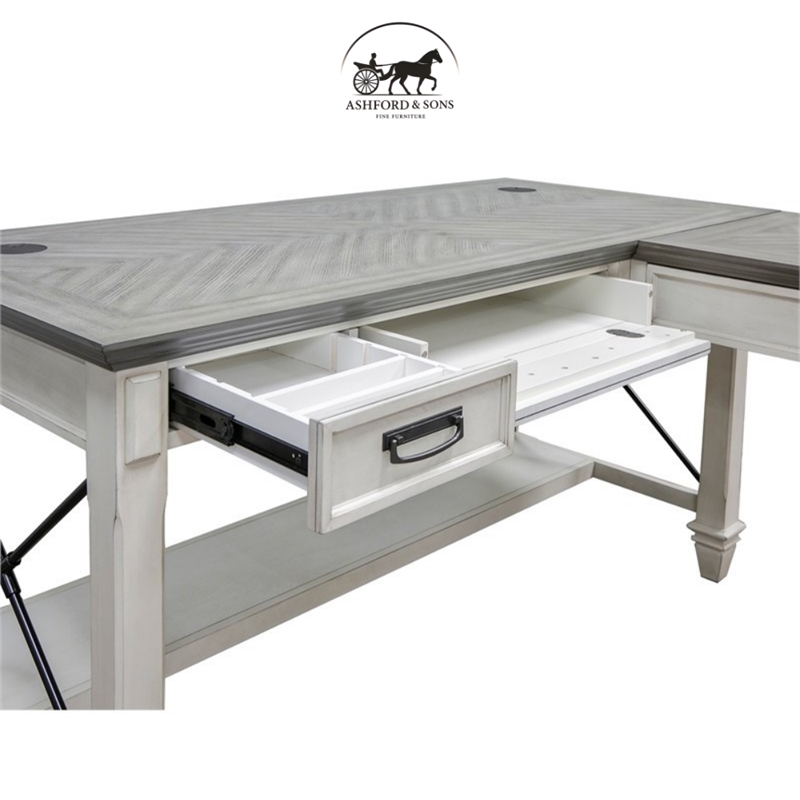 Ashford & Sons Contemporary Wood L-Shaped Desk in Weathered White