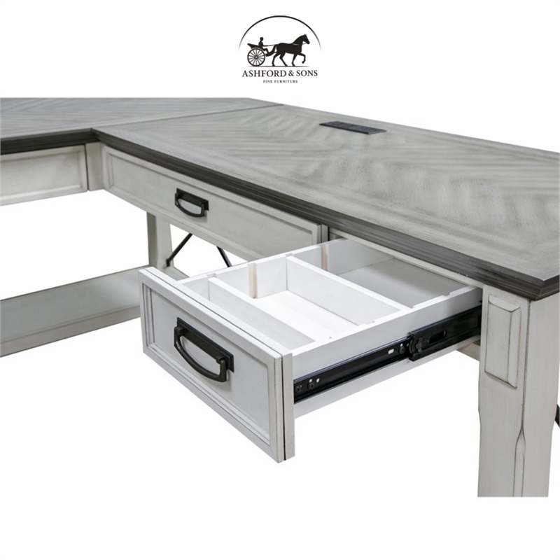 Ashford & Sons Contemporary Wood L-Shaped Desk in Weathered White