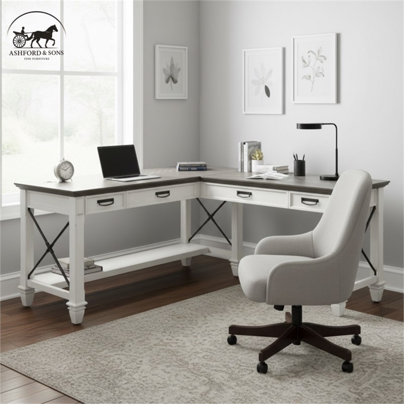 Ashford & Sons Contemporary Wood L-Shaped Desk in Weathered White