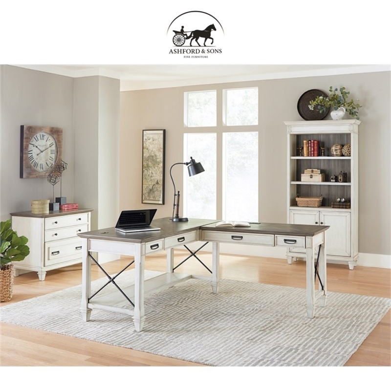Ashford & Sons Contemporary Wood L-Shaped Desk in Weathered White