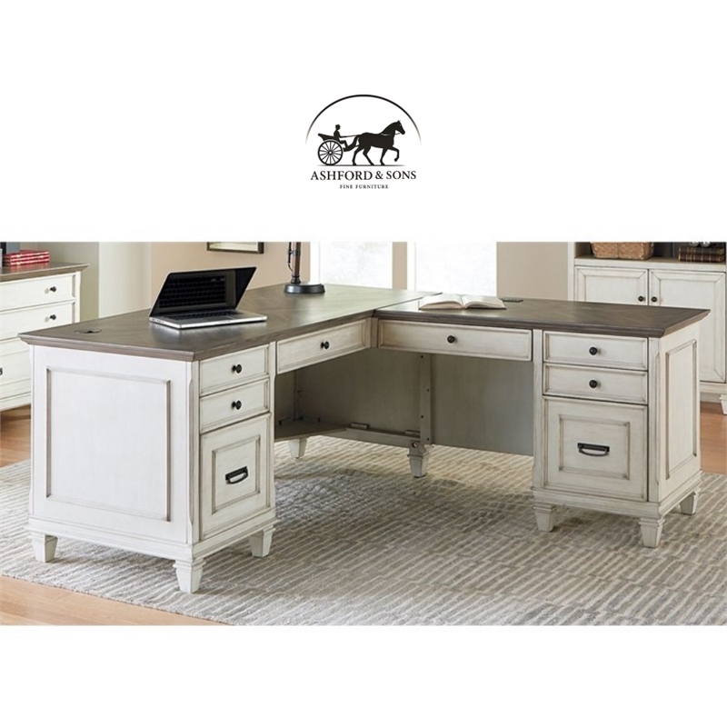 Ashford & Sons Wood L-Desk and Return Writing Office Table in White