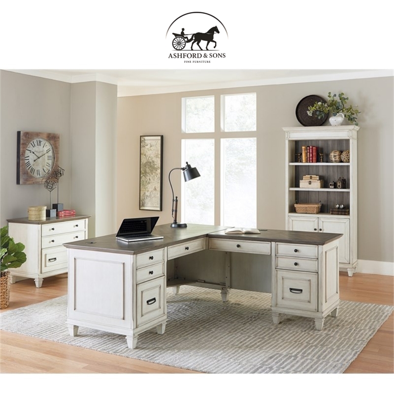 Ashford & Sons Wood L-Desk and Return Writing Office Table in White