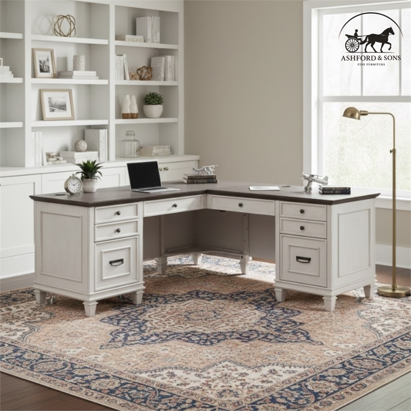 Ashford & Sons Wood L-Desk and Return Writing Office Table in White