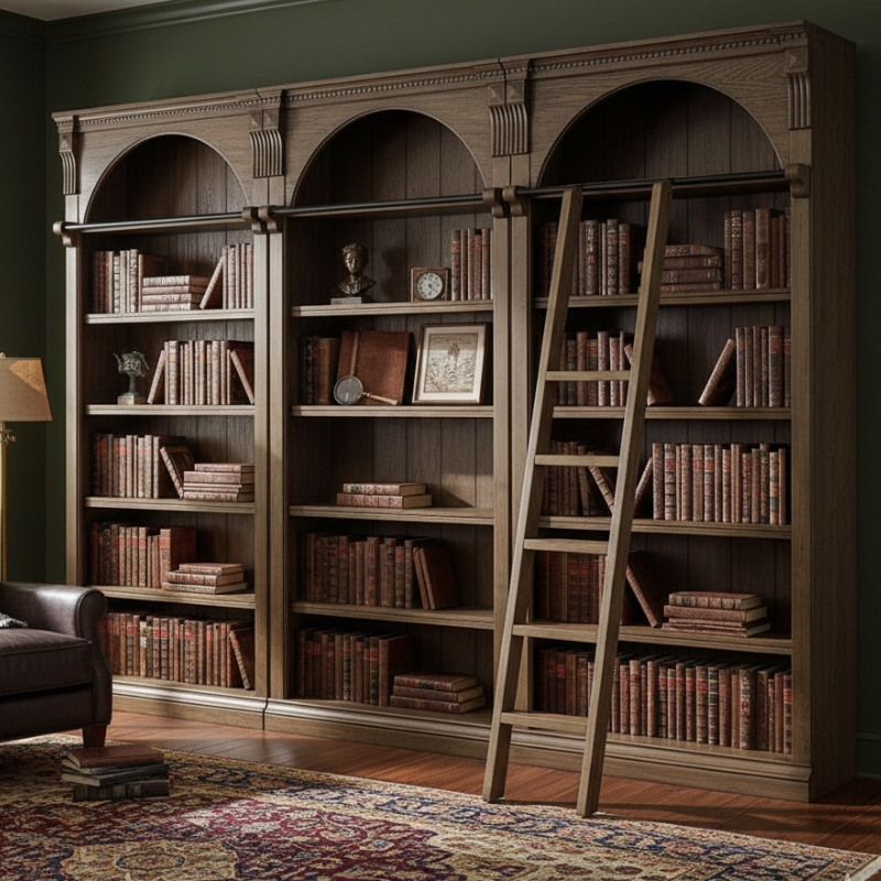 Ashford & Sons Traditional 8' Tall Brown Wood Office Bookcase Wall With Ladder