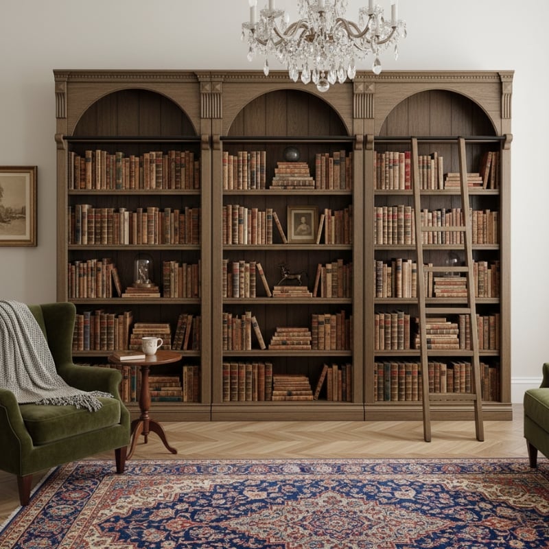 Ashford & Sons Traditional 8' Tall Brown Wood Office Bookcase Wall With Ladder
