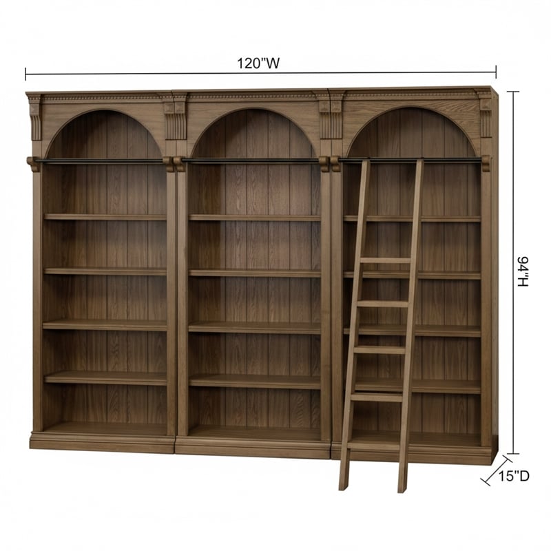 Ashford & Sons Traditional 8' Tall Brown Wood Office Bookcase Wall With Ladder