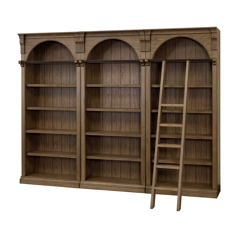 Ashford & Sons Traditional 8' Tall Brown Wood Office Bookcase Wall With Ladder