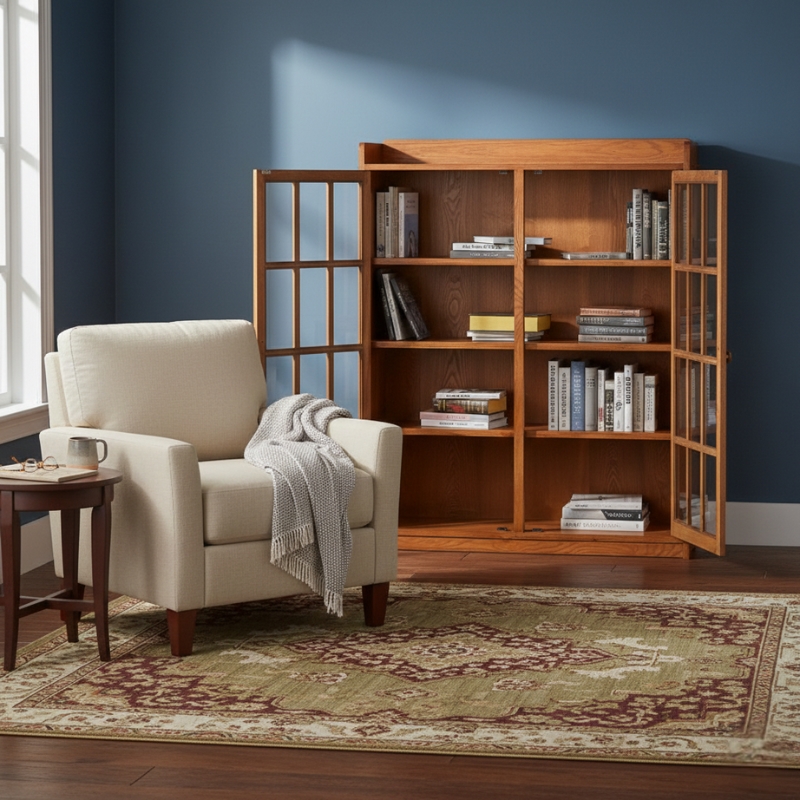 Ashford & Sons Traditional 2-Doors Wood Bookcase with 3 Shelves in Cherry