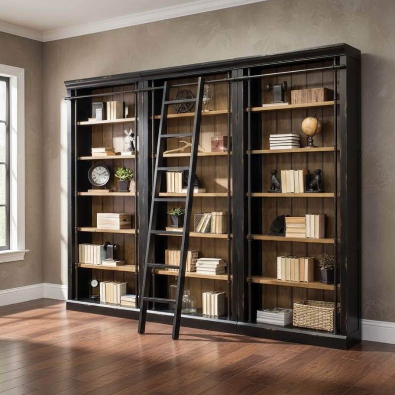 Ashford & Sons 8' Tall Wood Office Bookcase Wall With Ladder in Black