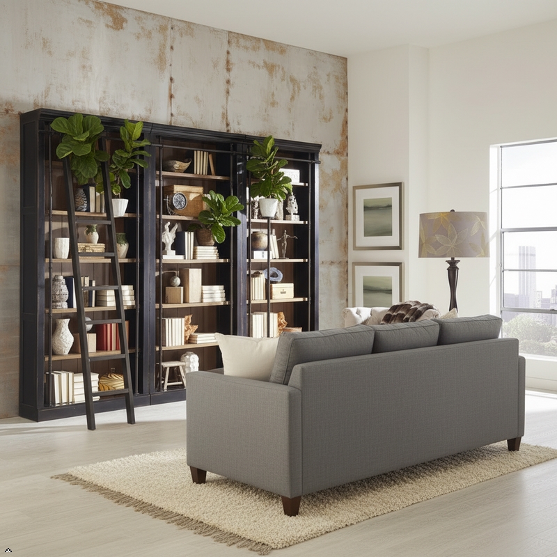 Ashford & Sons 8' Tall Wood Office Bookcase Wall With Ladder in Black