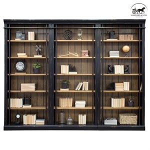 Ashford & Sons 8' Tall Wood Office Bookcase Wall With Ladder in Black