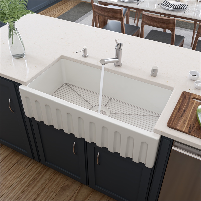 36 inch White Reversible Smooth / Fluted Single Bowl Fireclay Farm Sink