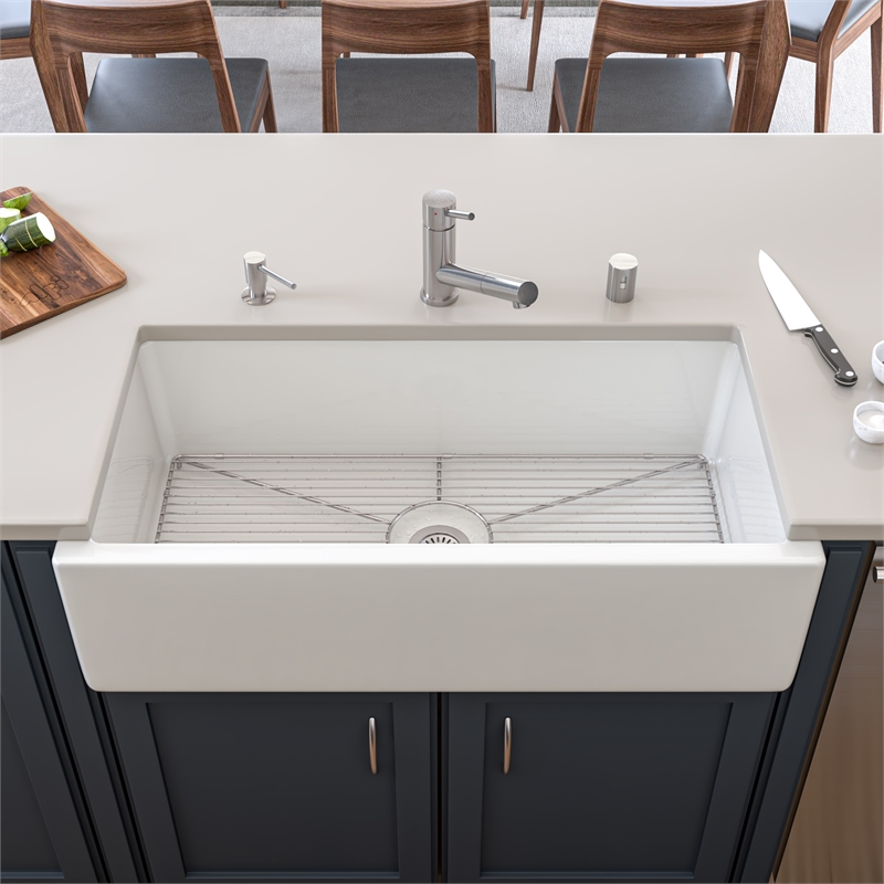 36 inch White Reversible Smooth / Fluted Single Bowl Fireclay Farm Sink