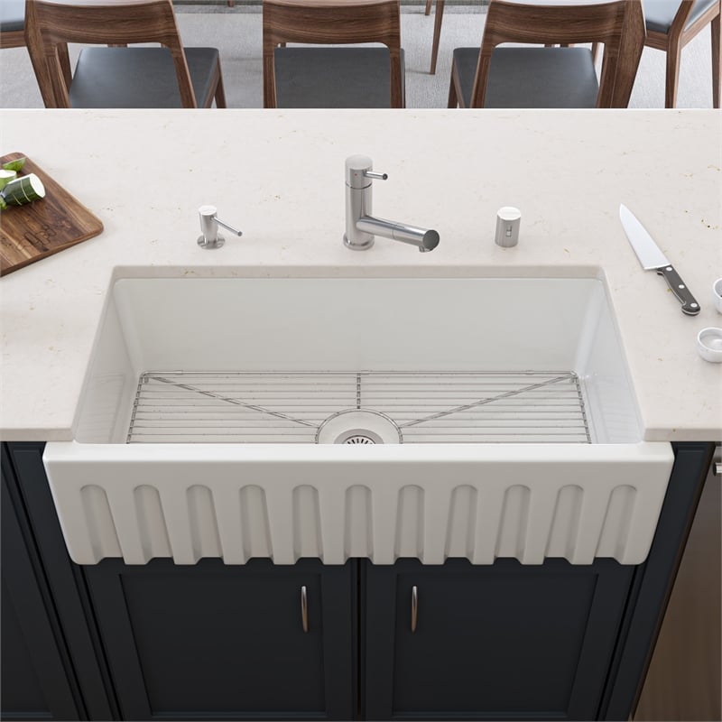 36 inch White Reversible Smooth / Fluted Single Bowl Fireclay Farm Sink