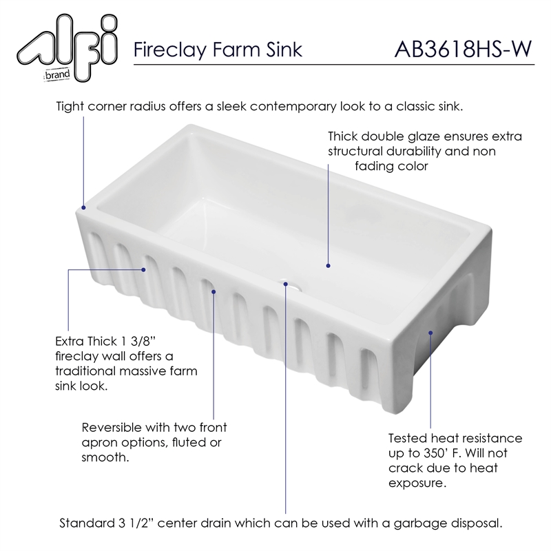 36 inch White Reversible Smooth / Fluted Single Bowl Fireclay Farm Sink