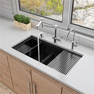 Black 33&quot Granite Composite Workstation Double Bowl Undermount Sink