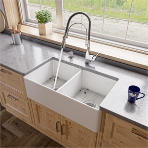 White Smooth Apron 33&quot x 18&quot Double Bowl Fireclay Farm Sink