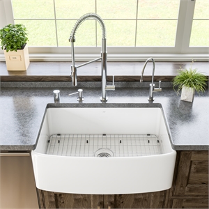White Smooth Curved Apron 30&quot x 20&quot Single Bowl Fireclay Farm Sink with Grid