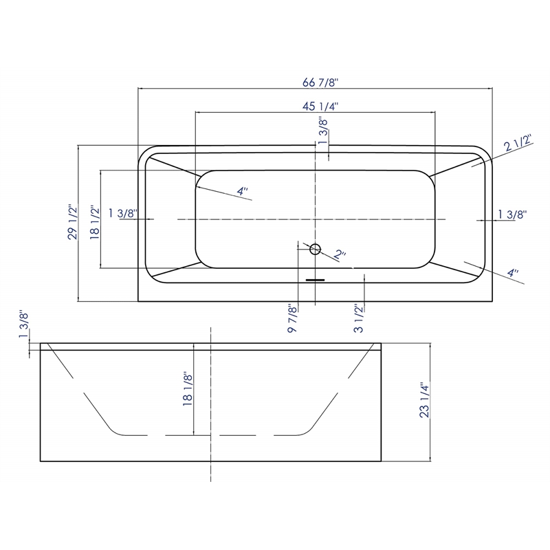 ALFI brand AB8859 67 inch White Acrylic Rectangular Free Standing Soaking Bathtub