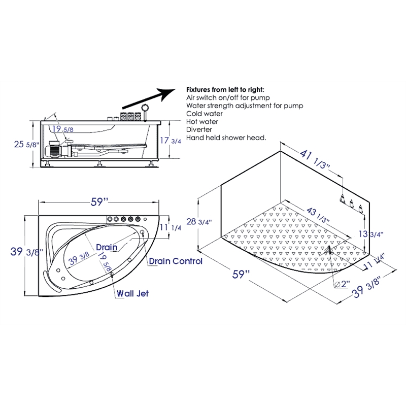 EAGO AM161-R 5' Person Corner White Acrylic Whirlpool Bath Tub - Drain on Right