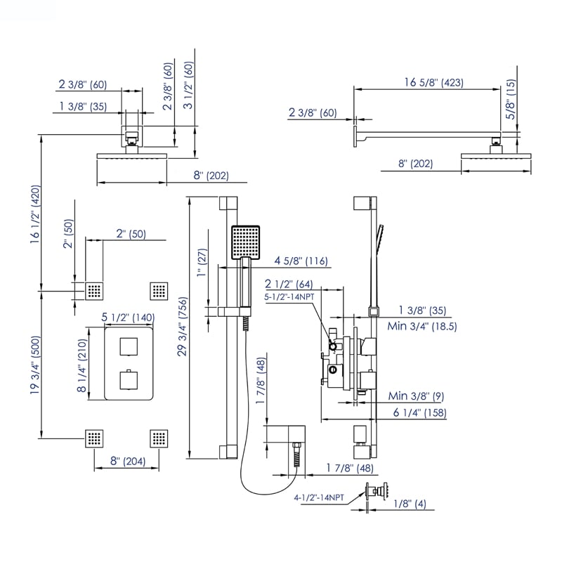 ALFI brand AB2287-BN Nickel 3 Way Thermostatic Shower Set with Body Sprays