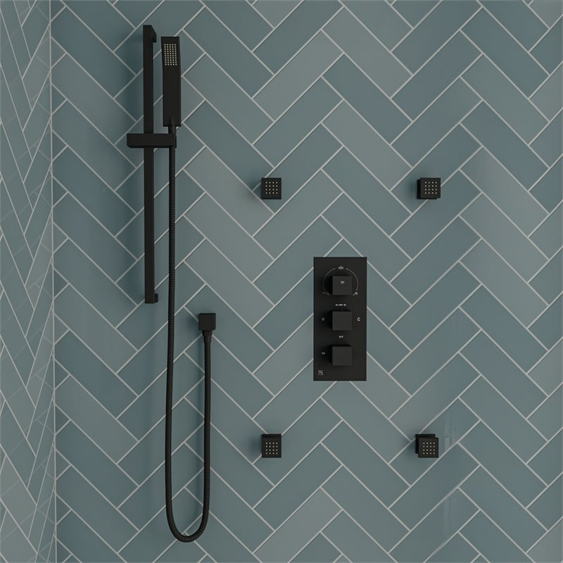 ALFI brand AB2801-BM Black 3-Way Thermostatic Valve Shower Mixer Square Knobs