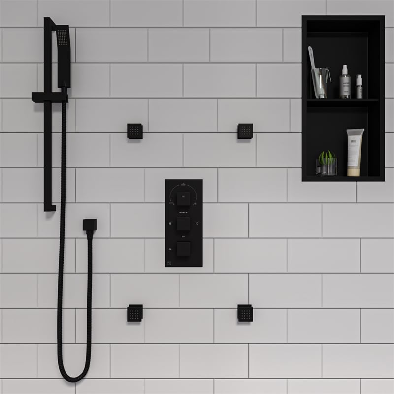 ALFI brand AB2801-BM Black 3-Way Thermostatic Valve Shower Mixer Square Knobs