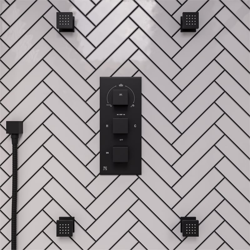 ALFI brand AB2801-BM Black 3-Way Thermostatic Valve Shower Mixer Square Knobs