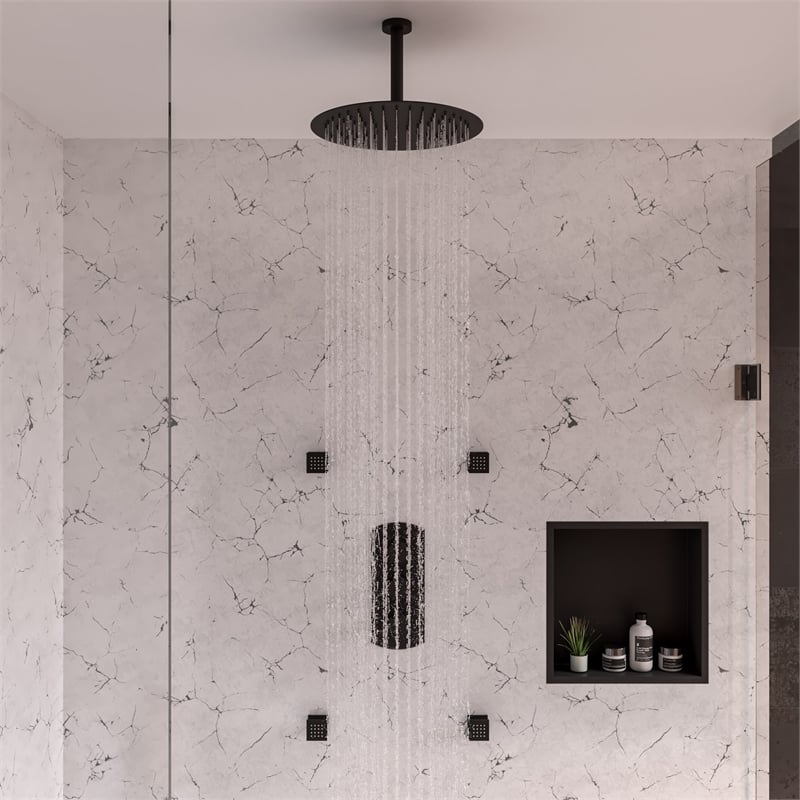 ALFI brand AB4001-BM Black 3-Way Thermostatic Valve Shower Mixer Round Knobs